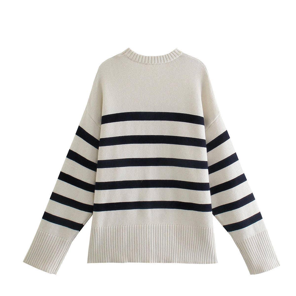 Stripe Long Sleeves Round Neck Women Daily Sweater A8LS217 - SWEETKAMA