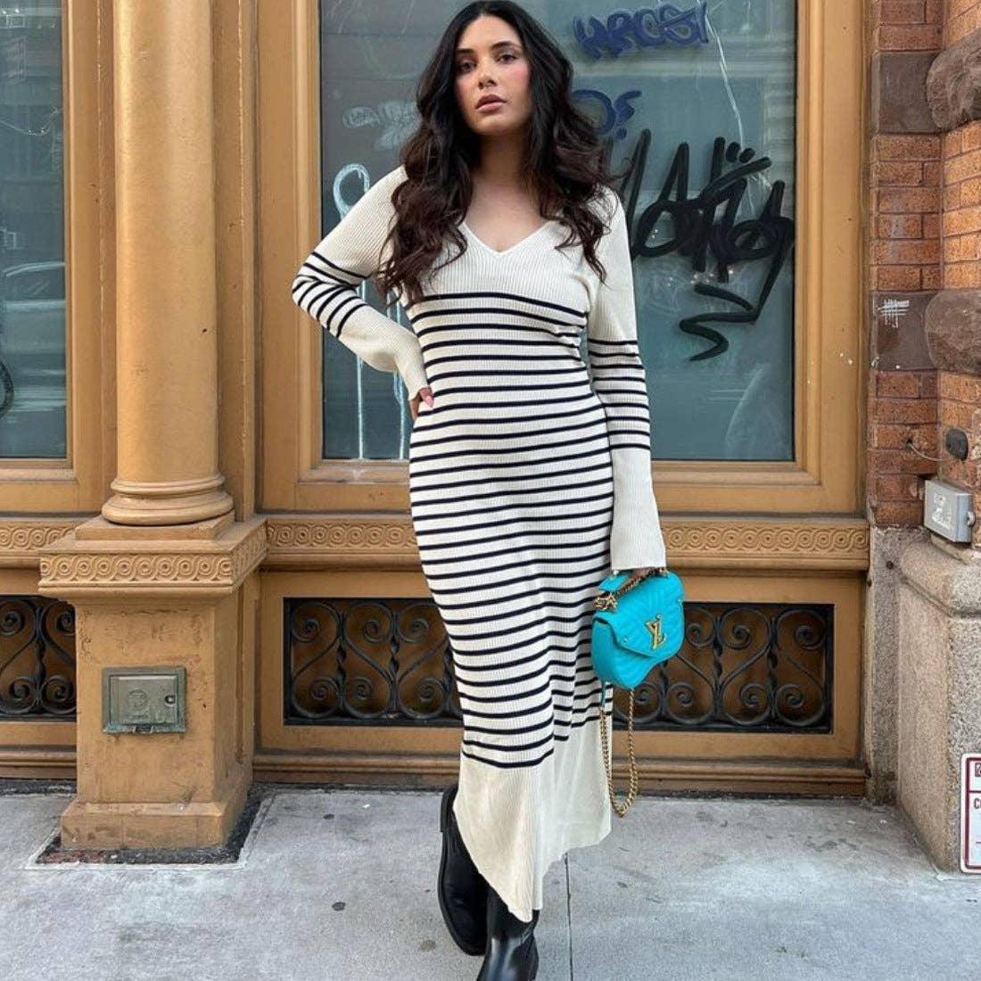 Stripe V-Neck Slim-Fitting Long Sleeves Knit Dress 1370 - SWEETKAMA