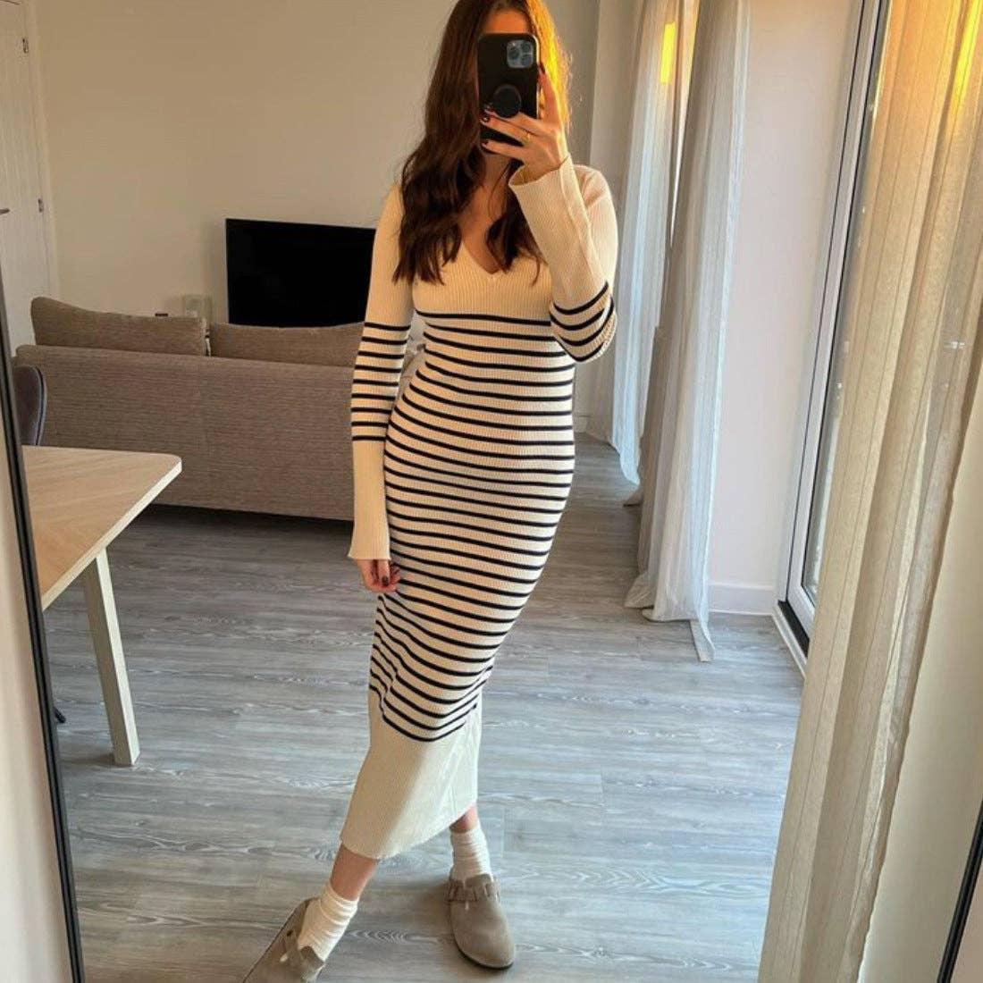 Stripe V-Neck Slim-Fitting Long Sleeves Knit Dress 1370 - SWEETKAMA
