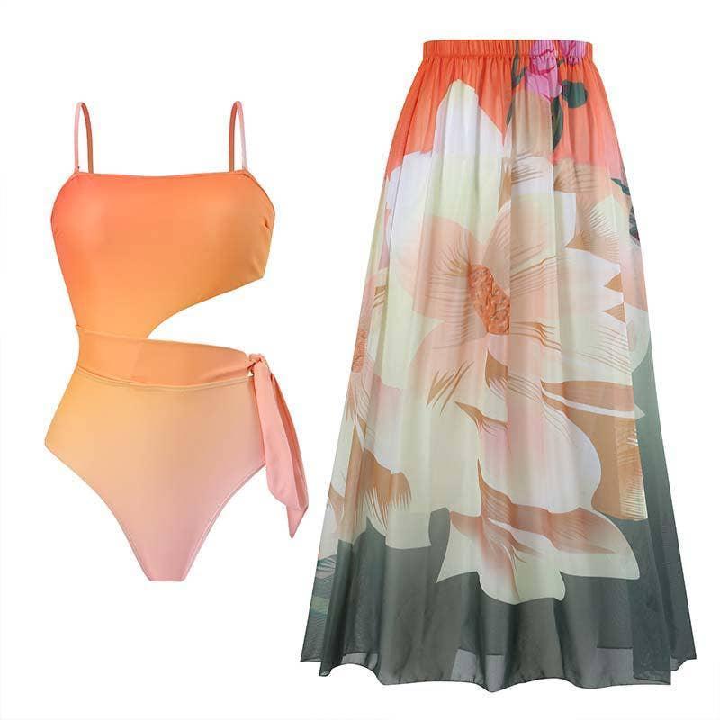 SW 2 PCS Flower Print Swimsuit Bikini Set with Cover Y88 - SWEETKAMA