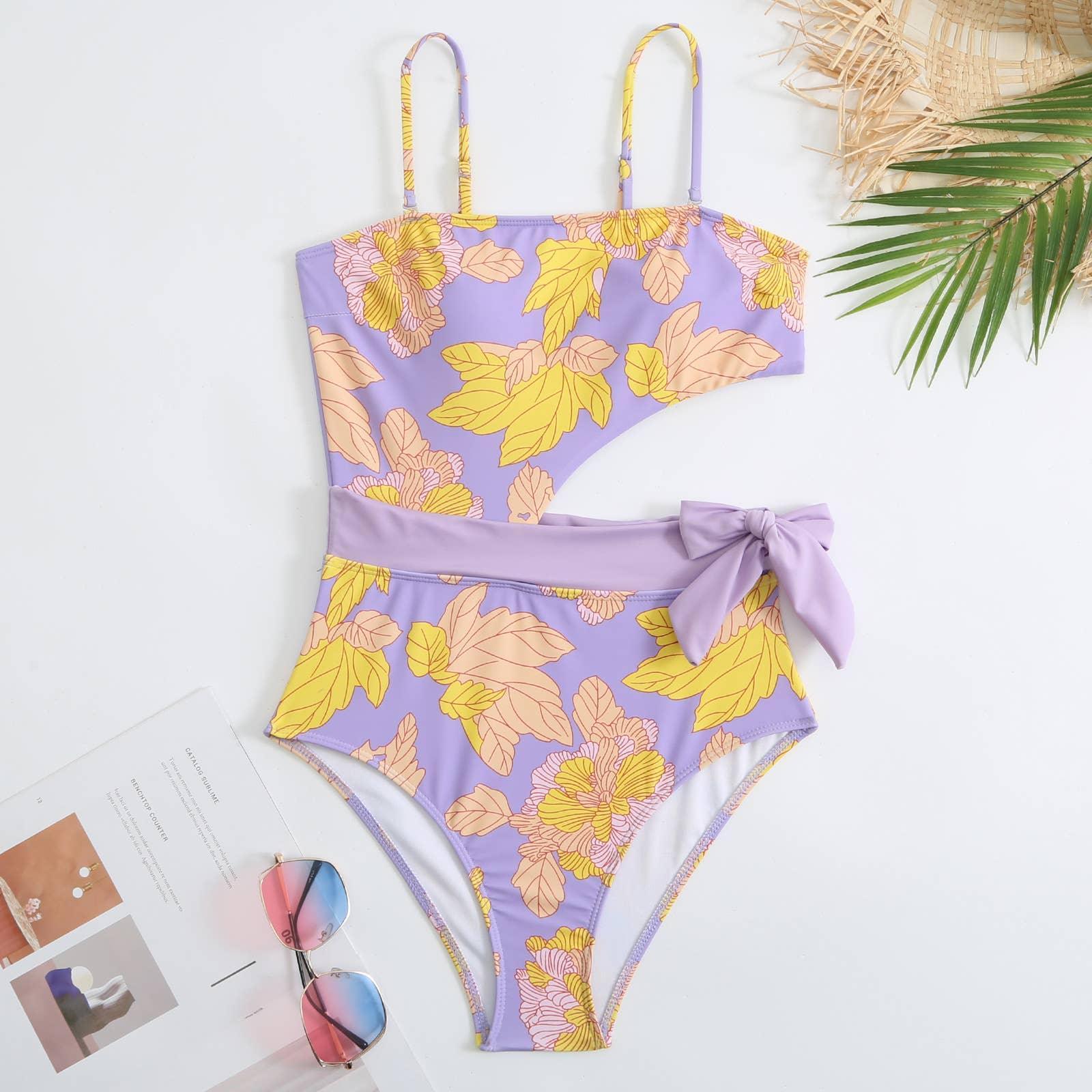 SW 2 PCS Flower Print Swimsuit Bikini Set with Cover Y88 - SWEETKAMA