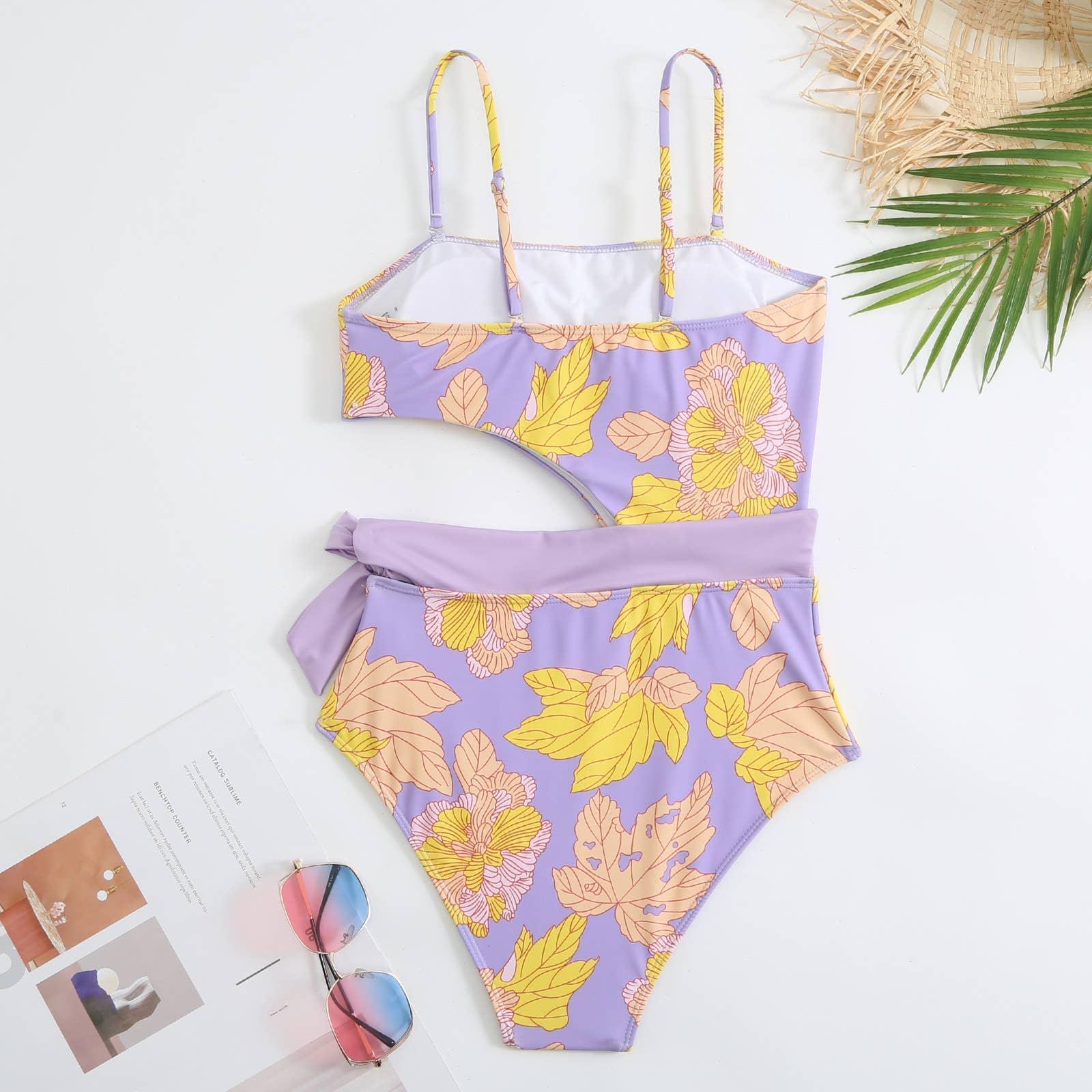 SW 2 PCS Flower Print Swimsuit Bikini Set with Cover Y88 - SWEETKAMA