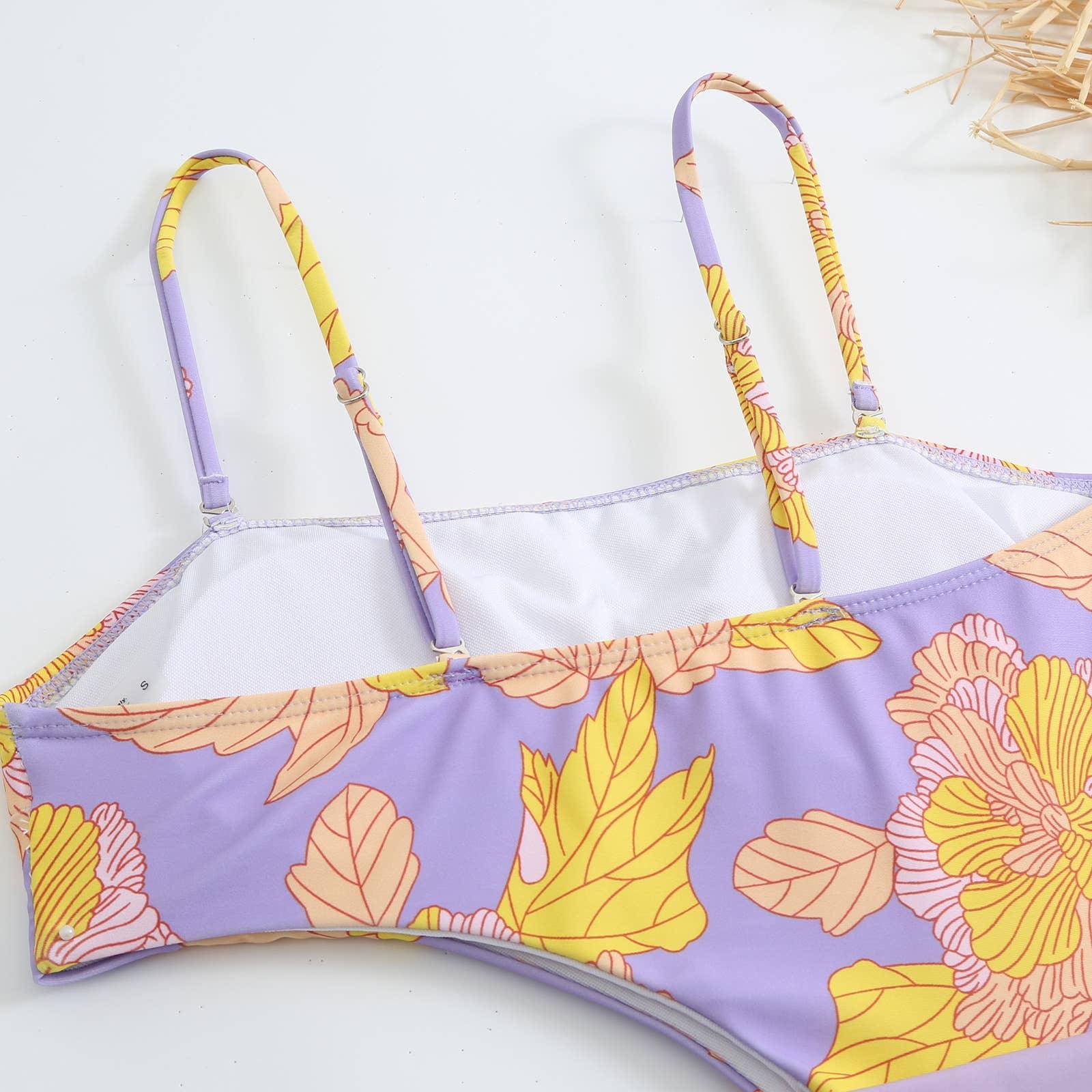 SW 2 PCS Flower Print Swimsuit Bikini Set with Cover Y88 - SWEETKAMA