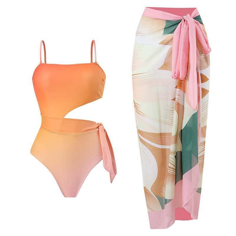 SW 2 PCS Flower Print Swimsuit Bikini Set with Cover Y88 - SWEETKAMA