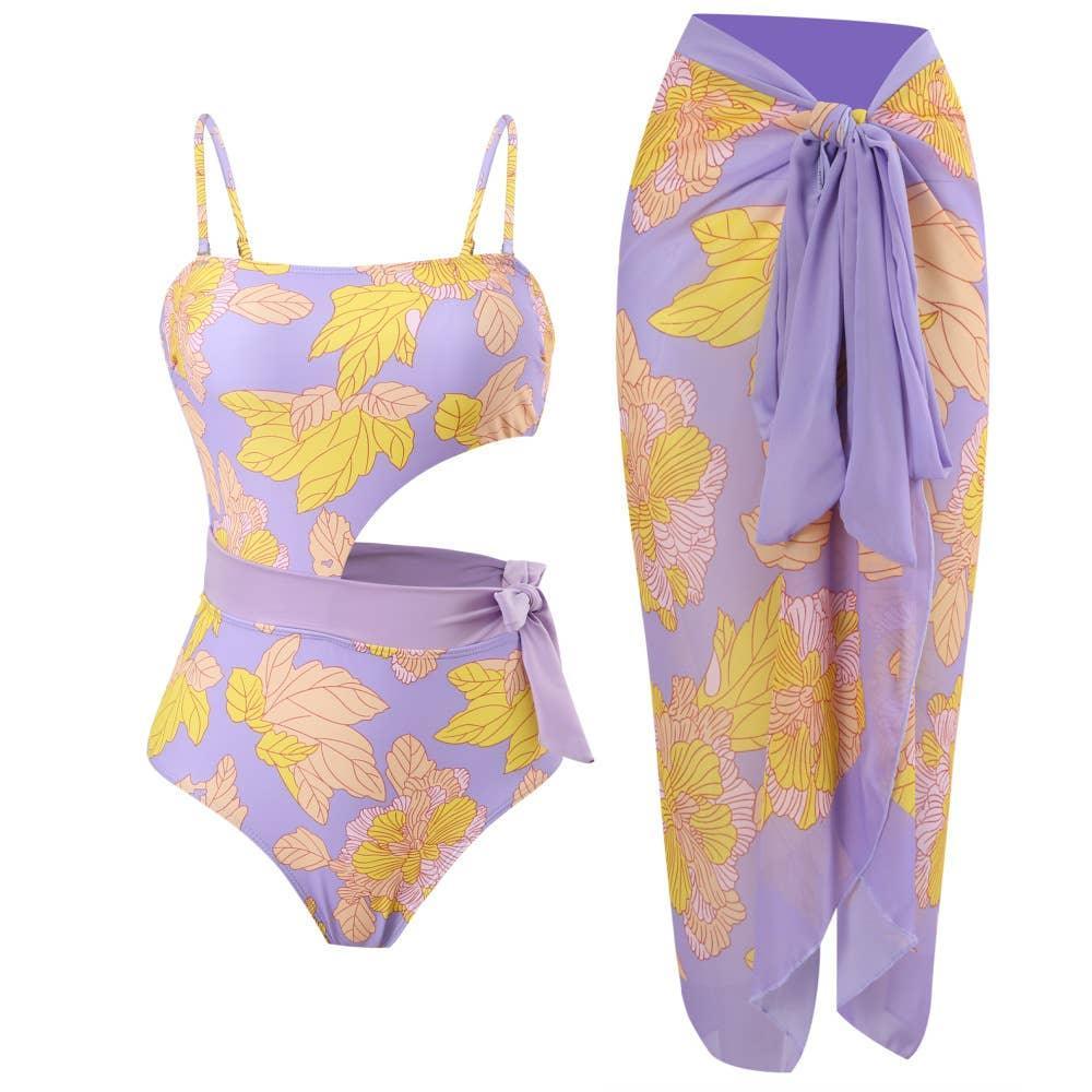 SW 2 PCS Flower Print Swimsuit Bikini Set with Cover Y88 - SWEETKAMA