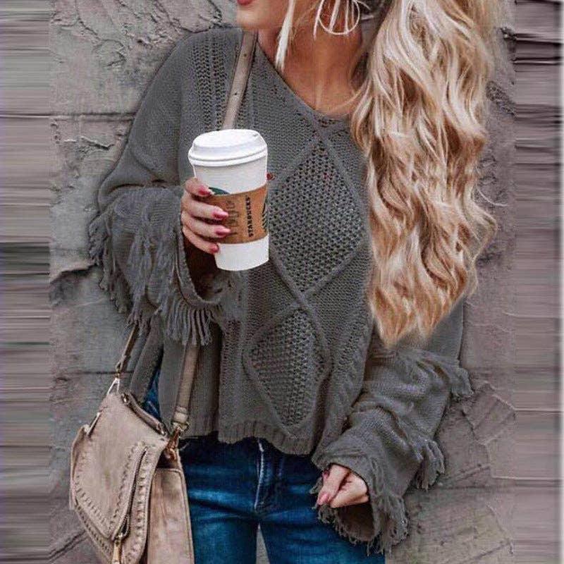 Tassels Solid Long Sleeves V-Neck Knit Top HC1213 - SWEETKAMA
