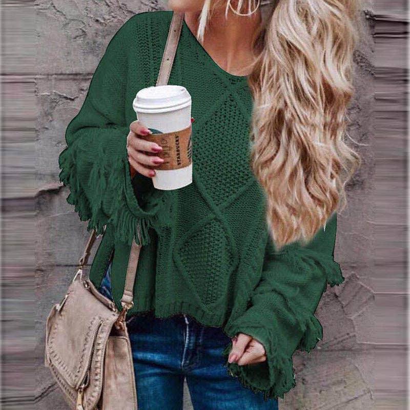 Tassels Solid Long Sleeves V-Neck Knit Top HC1213 - SWEETKAMA