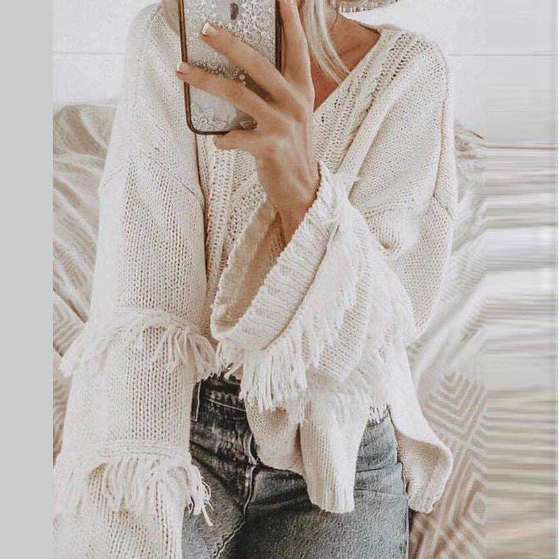 Tassels Solid Long Sleeves V-Neck Knit Top HC1213 - SWEETKAMA