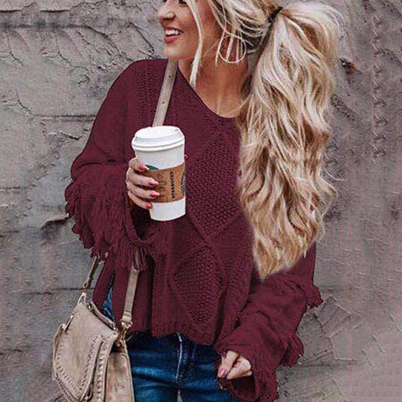 Tassels Solid Long Sleeves V-Neck Knit Top HC1213 - SWEETKAMA