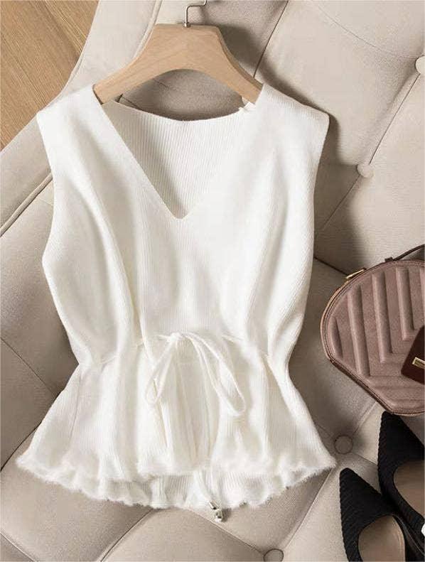 V-Neck Flounce Waist Tie Women Knit Vest 777 - SWEETKAMA