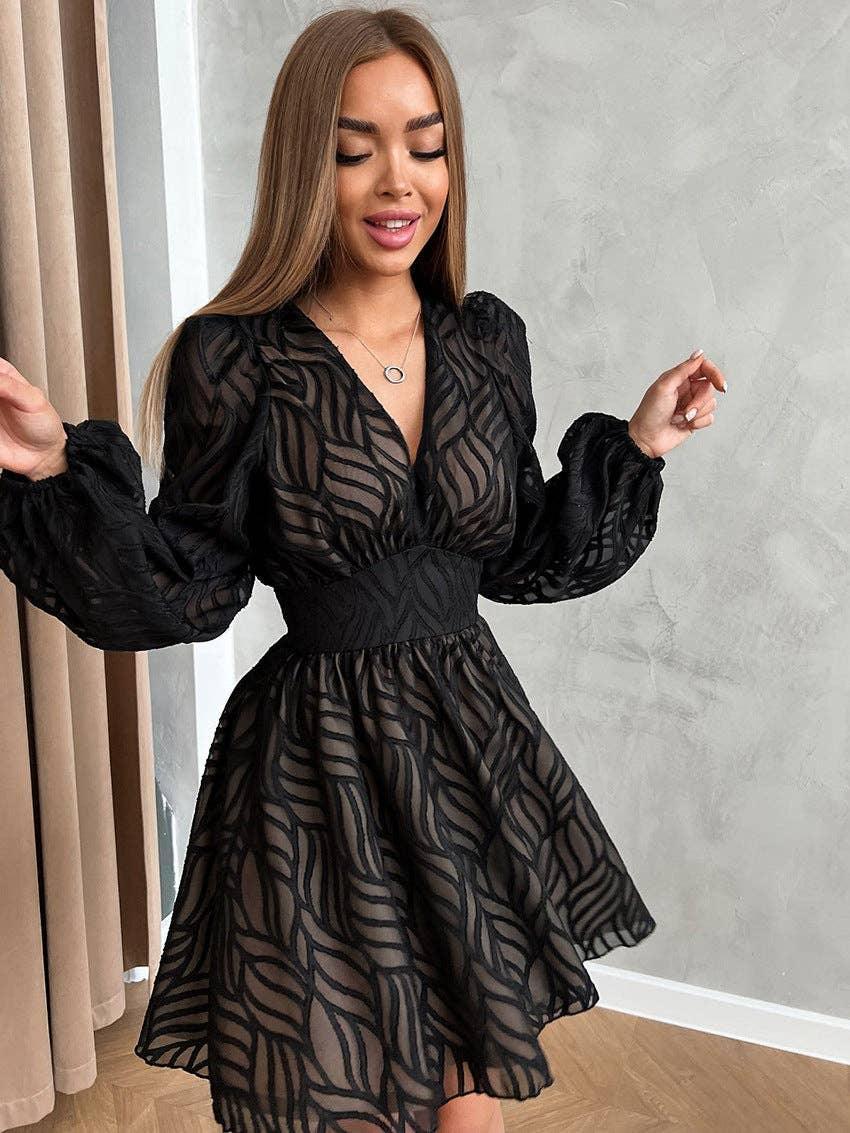 V-Neck Jacquard Weave Ladies Short Dress LYQ8232 - SWEETKAMA