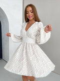 V-Neck Jacquard Weave Ladies Short Dress LYQ8232 - SWEETKAMA