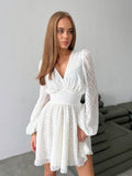 V-Neck Jacquard Weave Ladies Short Dress LYQ8232 - SWEETKAMA