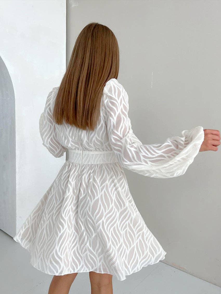 V-Neck Jacquard Weave Ladies Short Dress LYQ8232 - SWEETKAMA