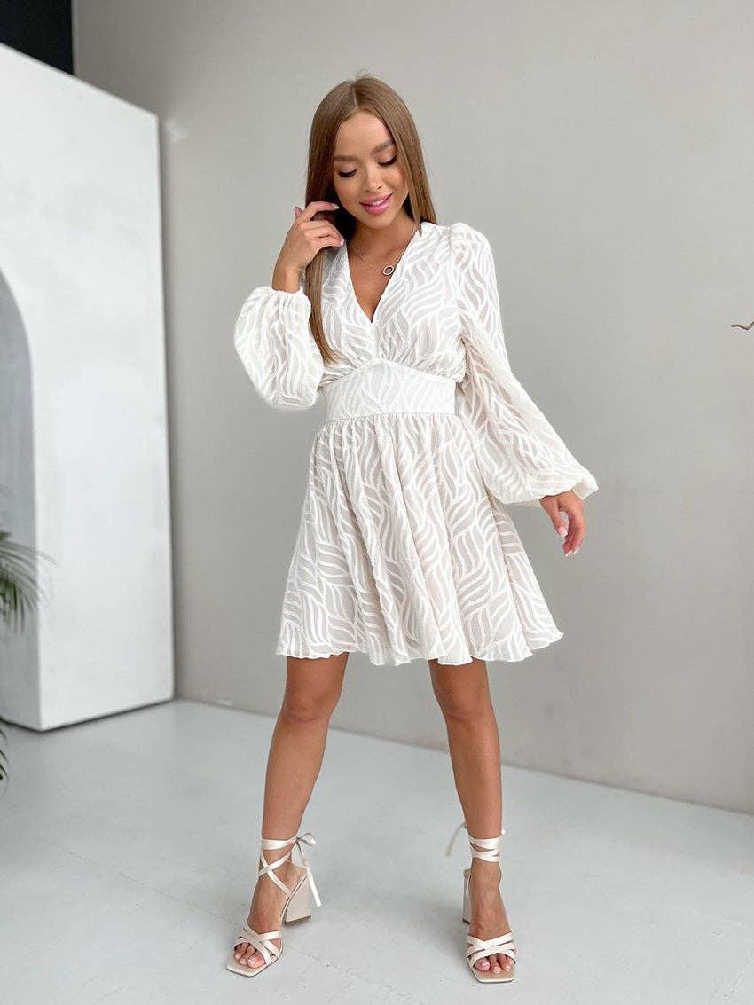 V-Neck Jacquard Weave Ladies Short Dress LYQ8232 - SWEETKAMA