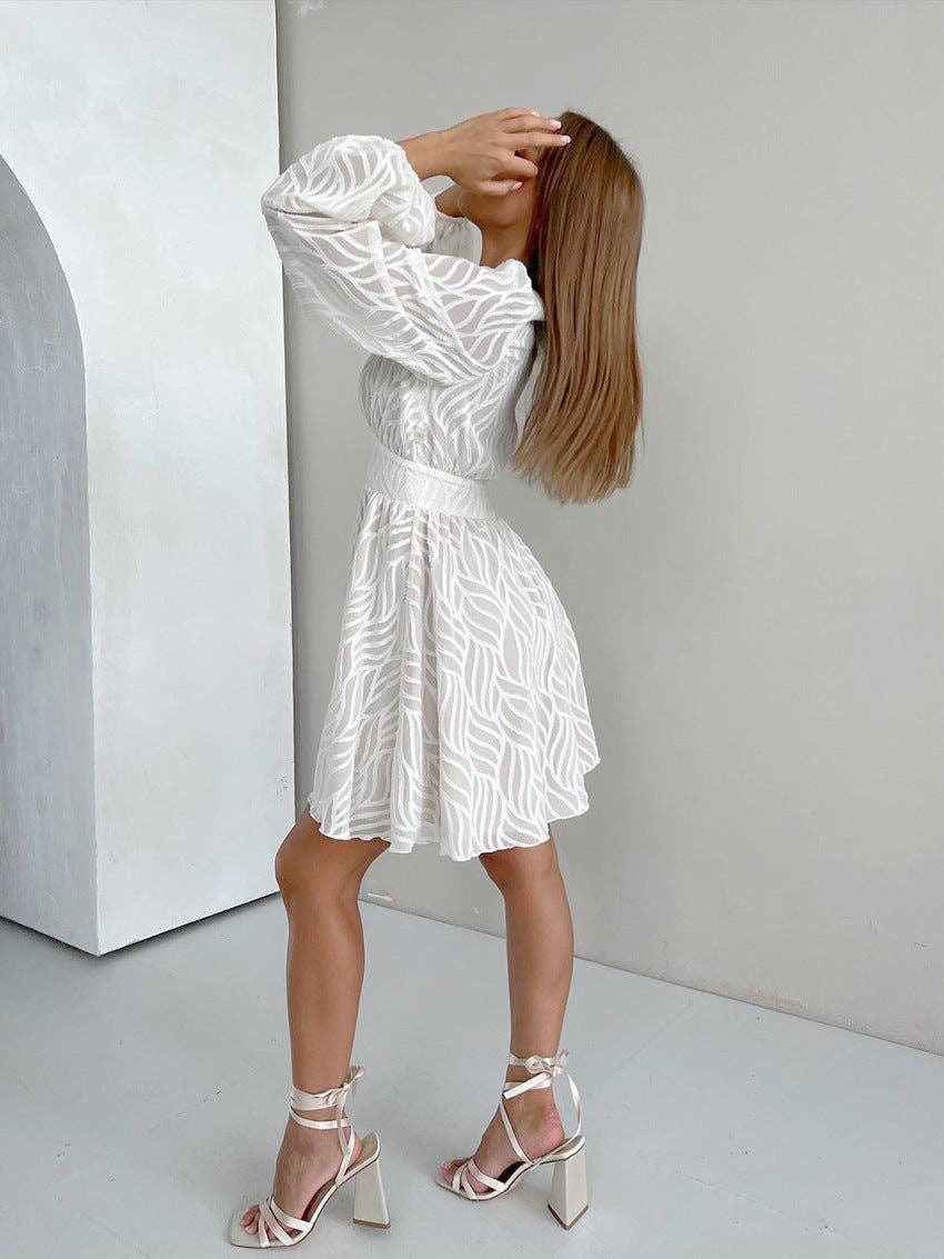 V-Neck Jacquard Weave Ladies Short Dress LYQ8232 - SWEETKAMA