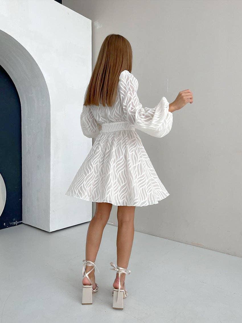 V-Neck Jacquard Weave Ladies Short Dress LYQ8232 - SWEETKAMA