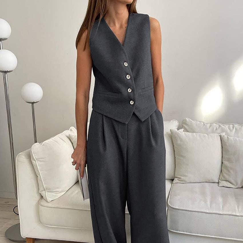 V-Neck Splice Vest Straight Leg Pants Ladies Set 2TZ2412 - SWEETKAMA