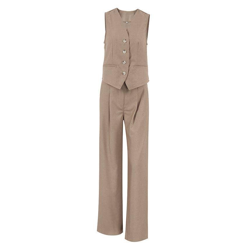 V-Neck Splice Vest Straight Leg Pants Ladies Set 2TZ2412 - SWEETKAMA