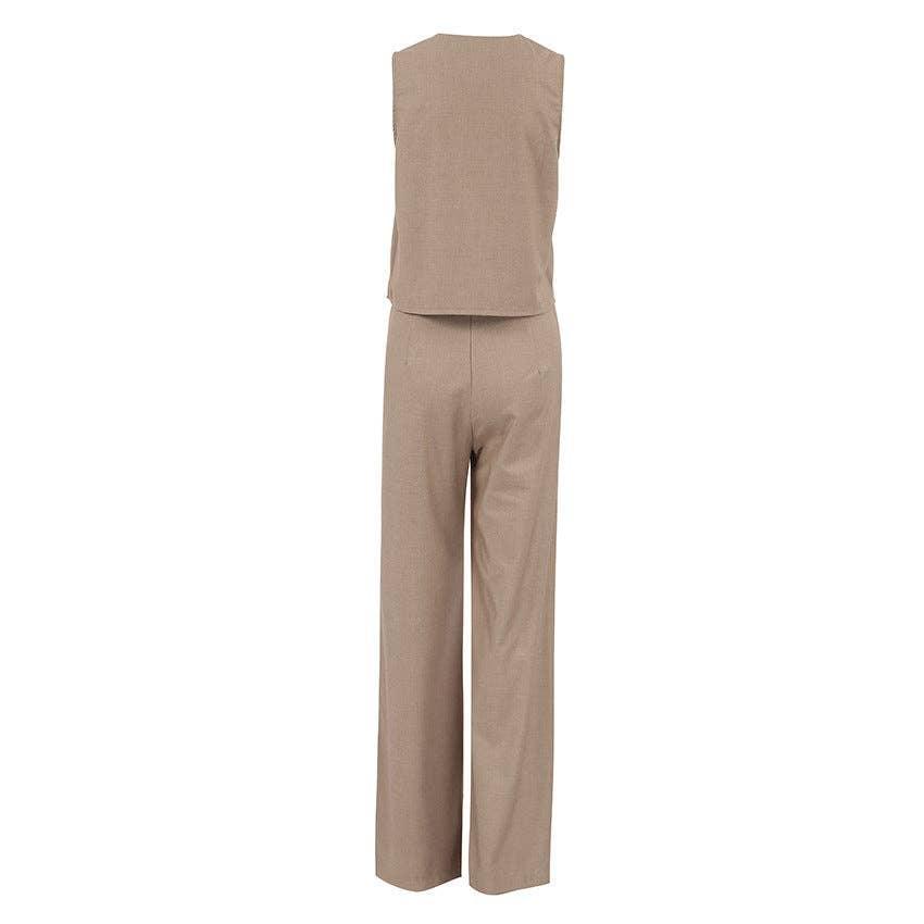 V-Neck Splice Vest Straight Leg Pants Ladies Set 2TZ2412 - SWEETKAMA