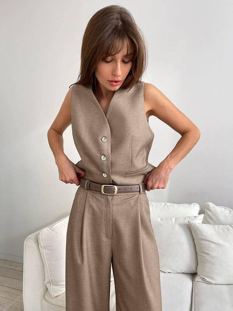 V-Neck Splice Vest Straight Leg Pants Ladies Set 2TZ2412 - SWEETKAMA