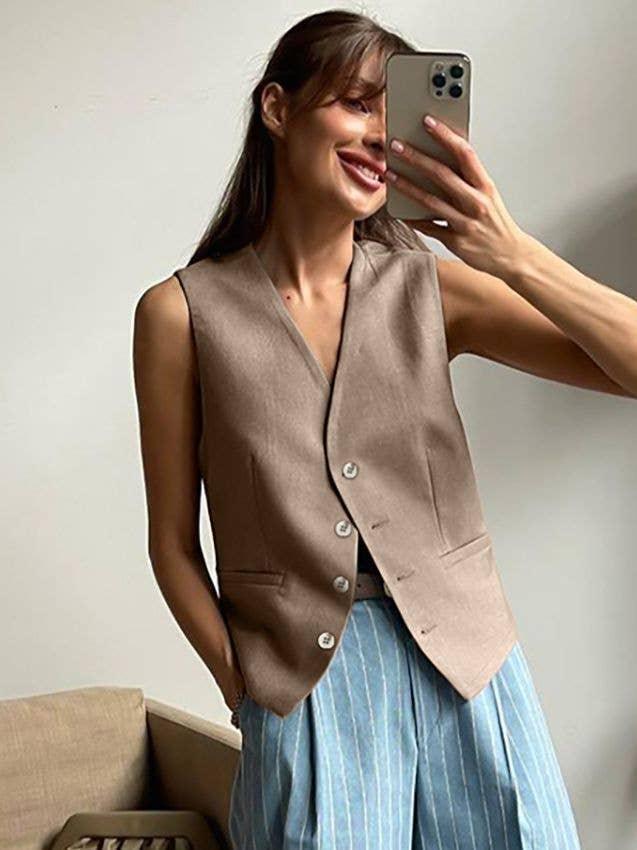 V-Neck Splice Vest Straight Leg Pants Ladies Set 2TZ2412 - SWEETKAMA