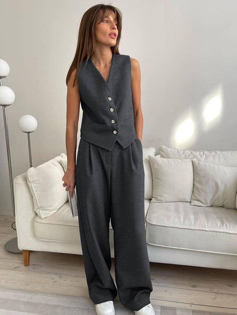 V-Neck Splice Vest Straight Leg Pants Ladies Set 2TZ2412 - SWEETKAMA