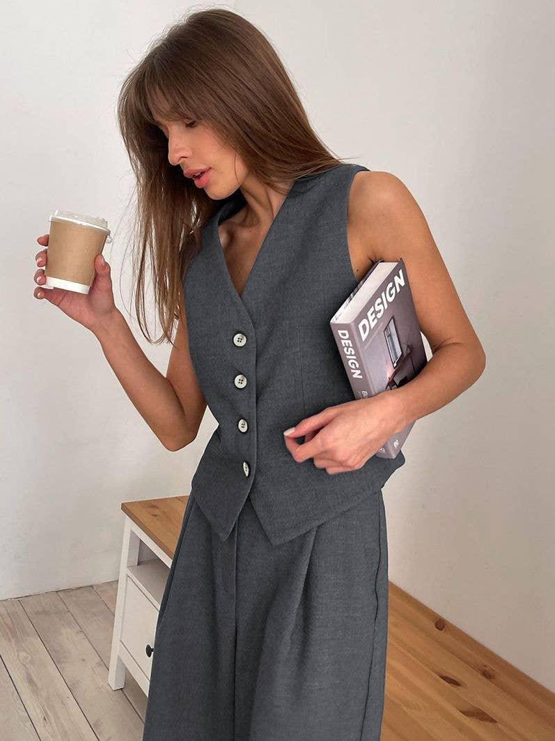 V-Neck Splice Vest Straight Leg Pants Ladies Set 2TZ2412 - SWEETKAMA