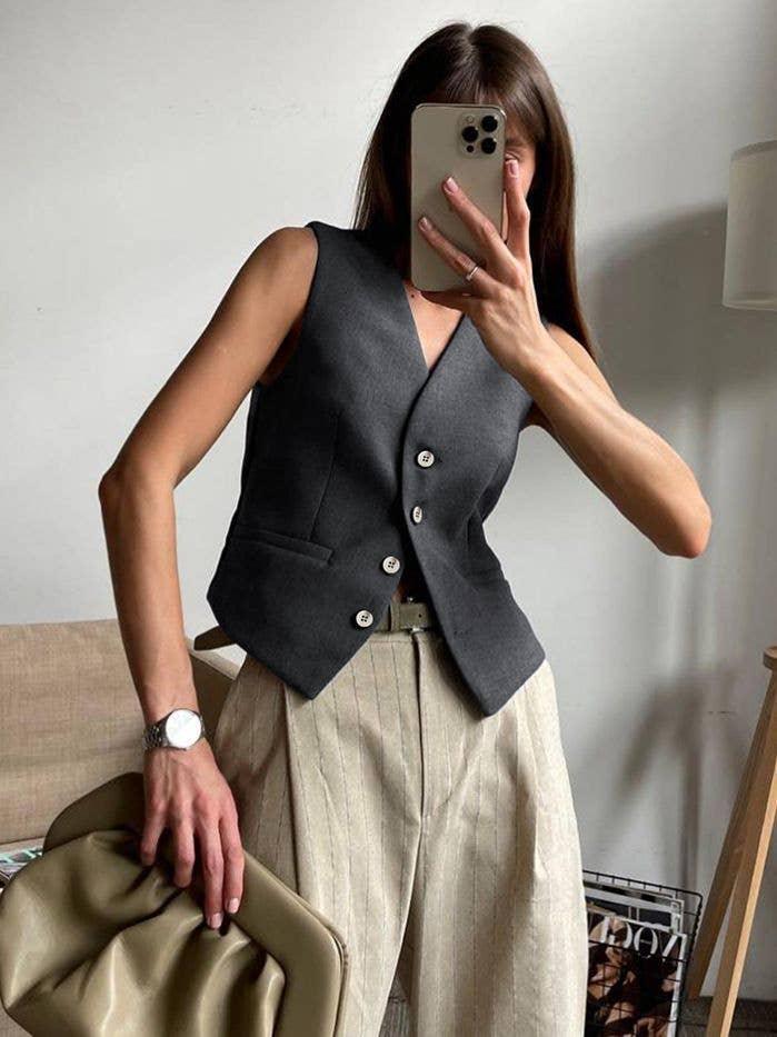 V-Neck Splice Vest Straight Leg Pants Ladies Set 2TZ2412 - SWEETKAMA
