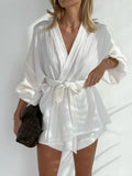 V-Neck Waist Tie Top Loose Shorts Ladies Set TZ8842 - SWEETKAMA
