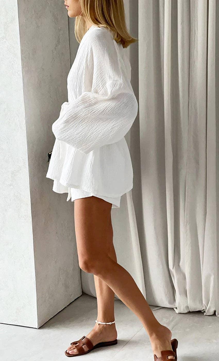 V-Neck Waist Tie Top Loose Shorts Ladies Set TZ8842 - SWEETKAMA