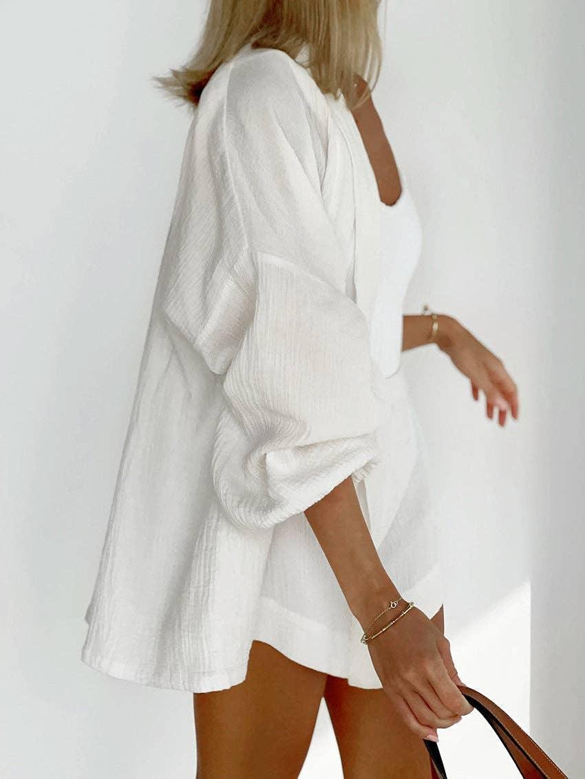 V-Neck Waist Tie Top Loose Shorts Ladies Set TZ8842 - SWEETKAMA