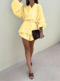 V-Neck Waist Tie Top Loose Shorts Ladies Set TZ8842 - SWEETKAMA