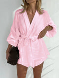 V-Neck Waist Tie Top Loose Shorts Ladies Set TZ8842 - SWEETKAMA