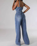 Washed Stretch Suspender Wide Leg Denim Jumpsuit 6012 - SWEETKAMA