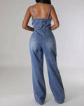 Washed Stretch Suspender Wide Leg Denim Jumpsuit 6012 - SWEETKAMA