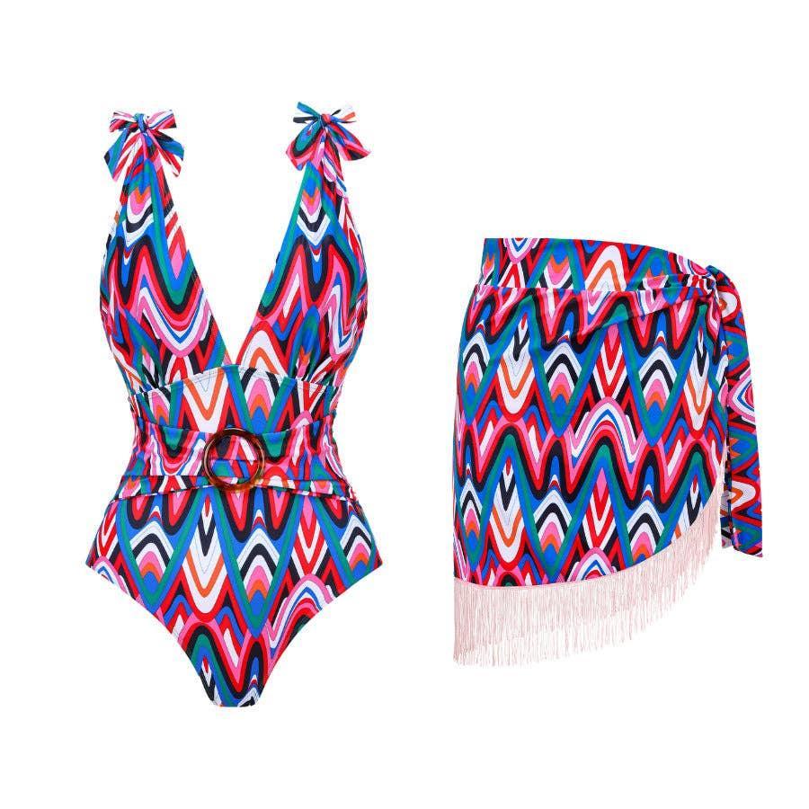Wave Print One Piece Swimwear with Fringe Wrap Y228 - SWEETKAMA
