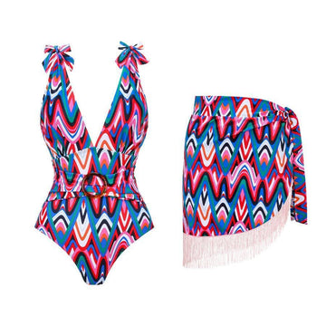 Wave Print One Piece Swimwear with Fringe Wrap Y228 - SWEETKAMA