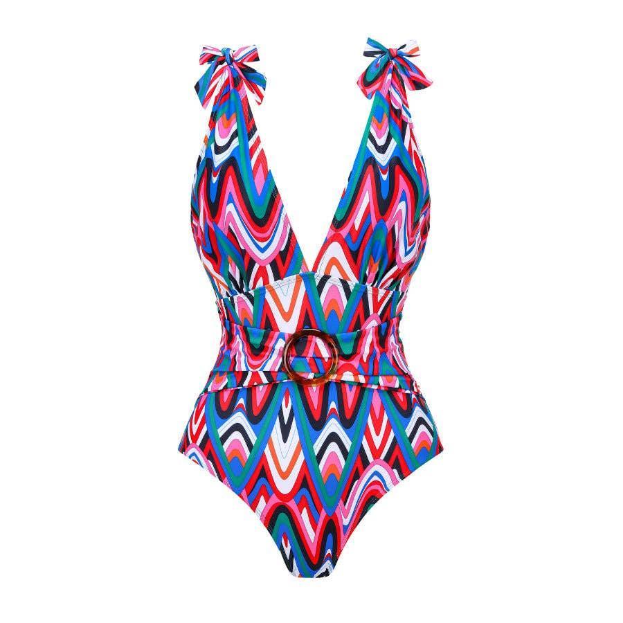 Wave Print One Piece Swimwear with Fringe Wrap Y228 - SWEETKAMA
