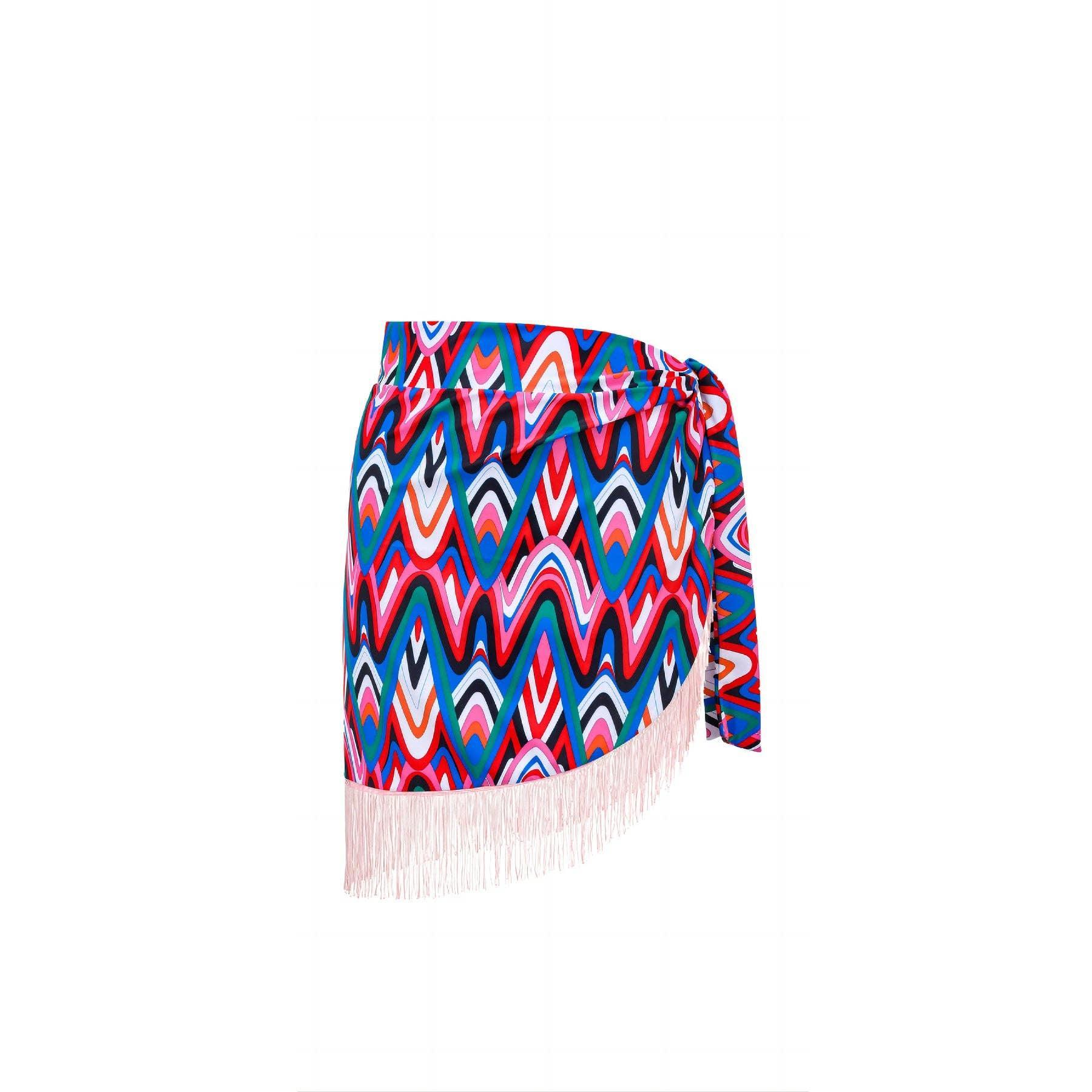 Wave Print One Piece Swimwear with Fringe Wrap Y228 - SWEETKAMA