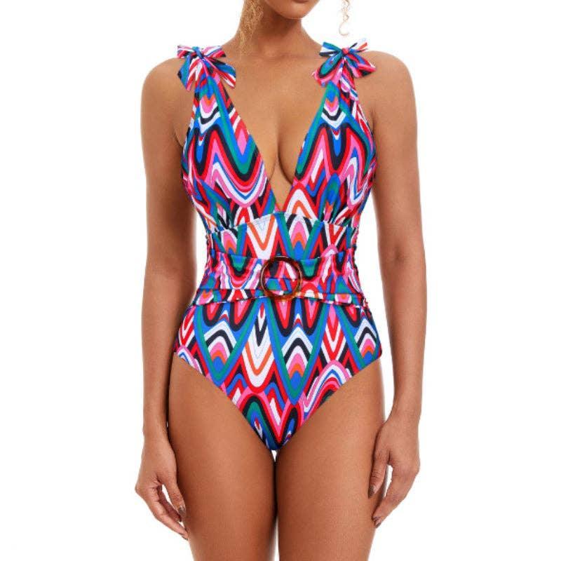 Wave Print One Piece Swimwear with Fringe Wrap Y228 - SWEETKAMA