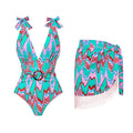Wave Print One Piece Swimwear with Fringe Wrap Y228 - SWEETKAMA