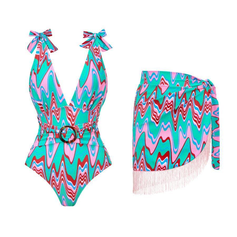 Wave Print One Piece Swimwear with Fringe Wrap Y228 - SWEETKAMA