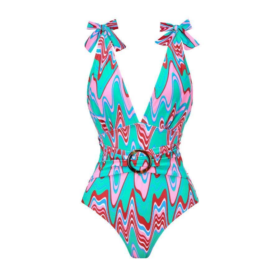 Wave Print One Piece Swimwear with Fringe Wrap Y228 - SWEETKAMA