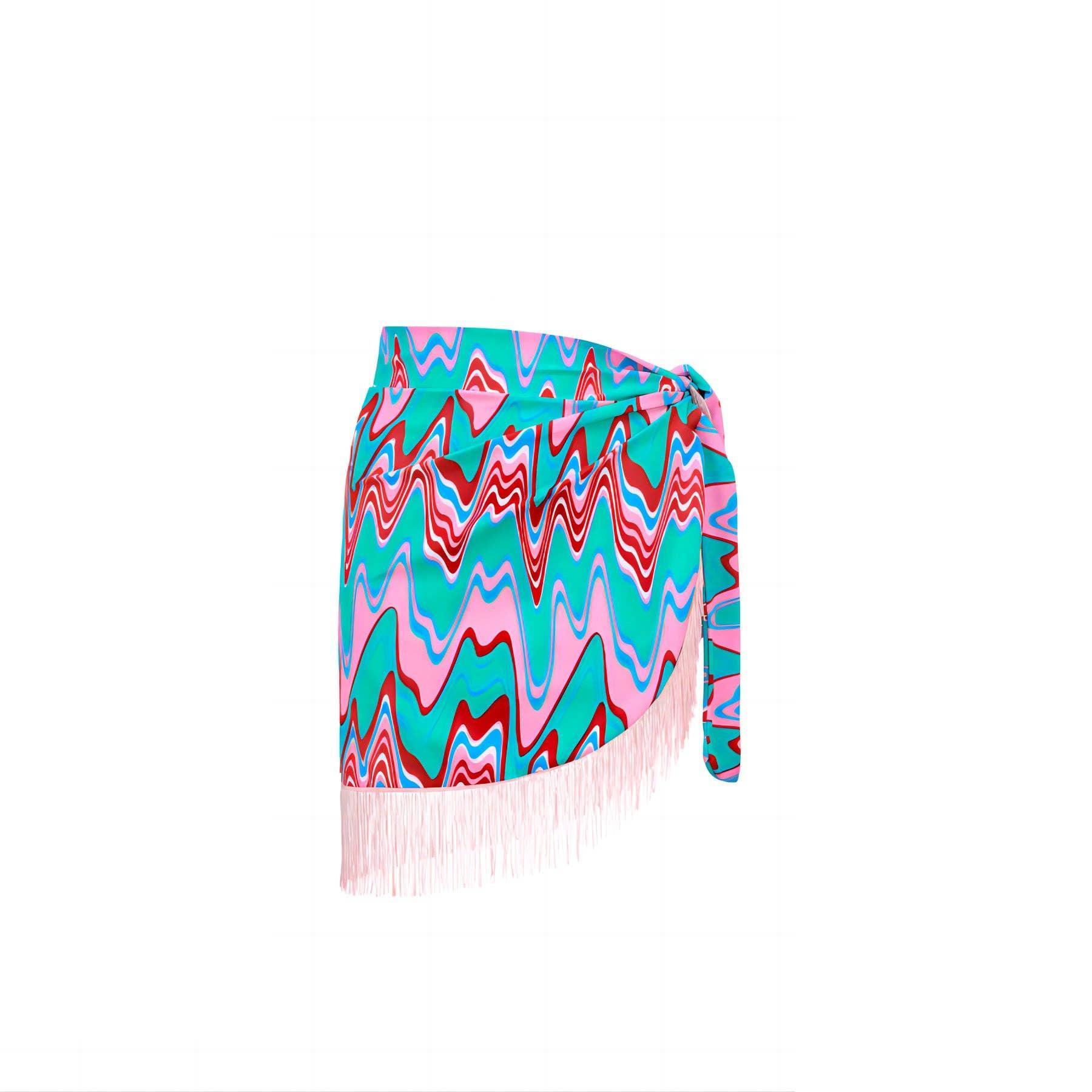 Wave Print One Piece Swimwear with Fringe Wrap Y228 - SWEETKAMA
