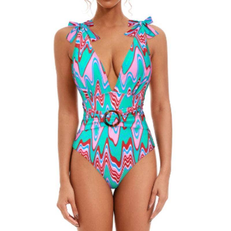 Wave Print One Piece Swimwear with Fringe Wrap Y228 - SWEETKAMA