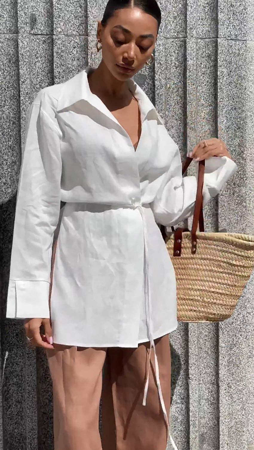 White Lapel Waist Tie Splice Leisure Ladies Shirt CY1038 - SWEETKAMA