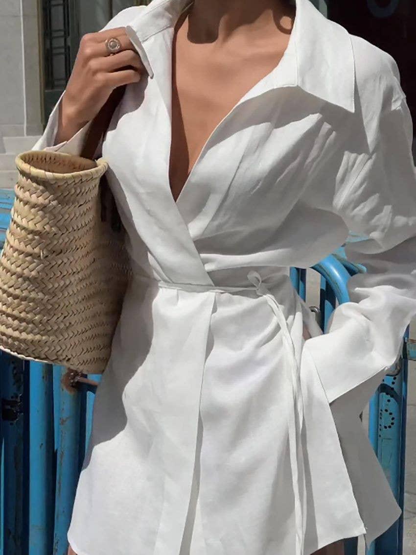 White Lapel Waist Tie Splice Leisure Ladies Shirt CY1038 - SWEETKAMA